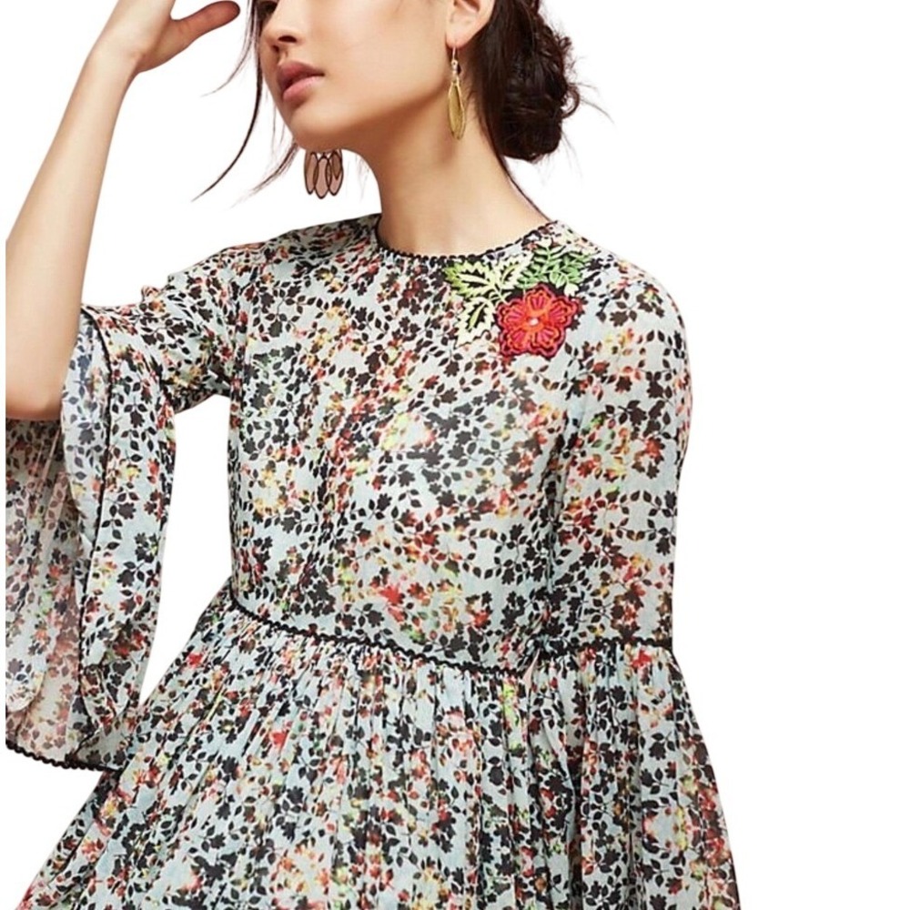 Bhanuna Anthropologie Floral Bell Sleeve Mini Dress Women's 0 Blue Boho Feminine